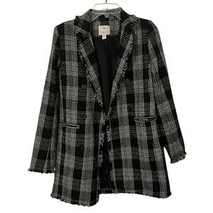 Eliane Rose Jacket Size Small Black Gray Tweed Fringe Open Front